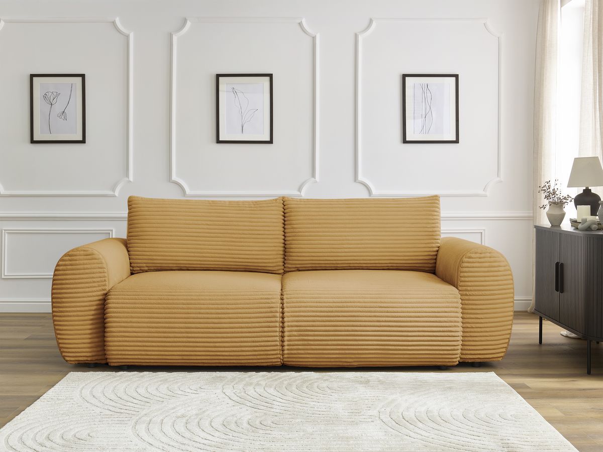 Bobochic Lucien Schlafsofa 3-Sitzer mit Bettkasten Breitcord weich Gelb