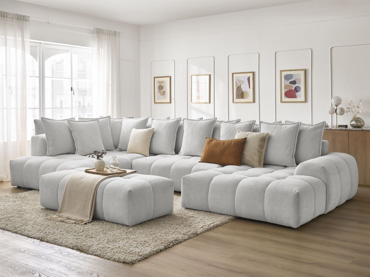 Bobochic Everest Wohnlandschaft mit Pouf, 14 Kissen Melange-Stoff Hellgrau Ecke rechts