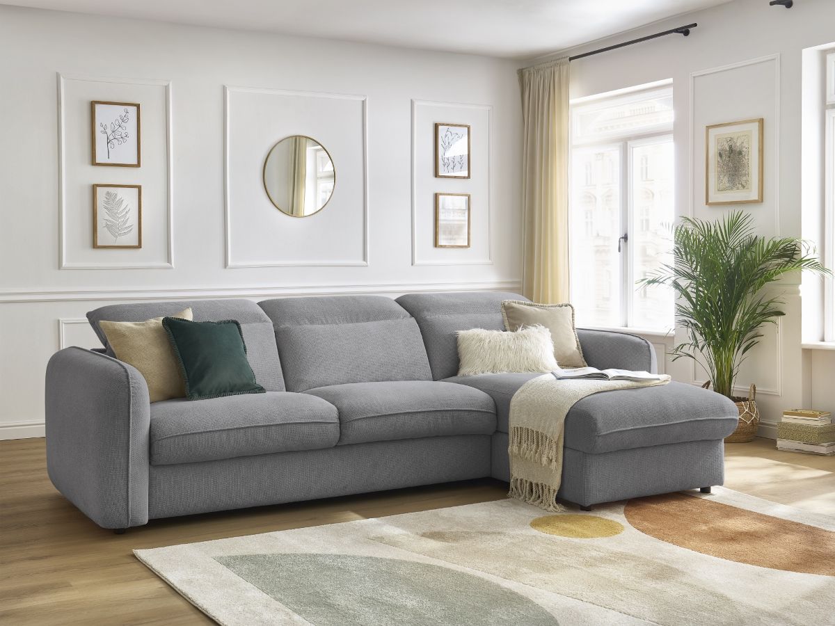 Bobochic Achille Ecksofa mit Schlaffunktion und Bettkasten Melange-Stoff Hellgrau, Liegefläche 160 × 200 cm