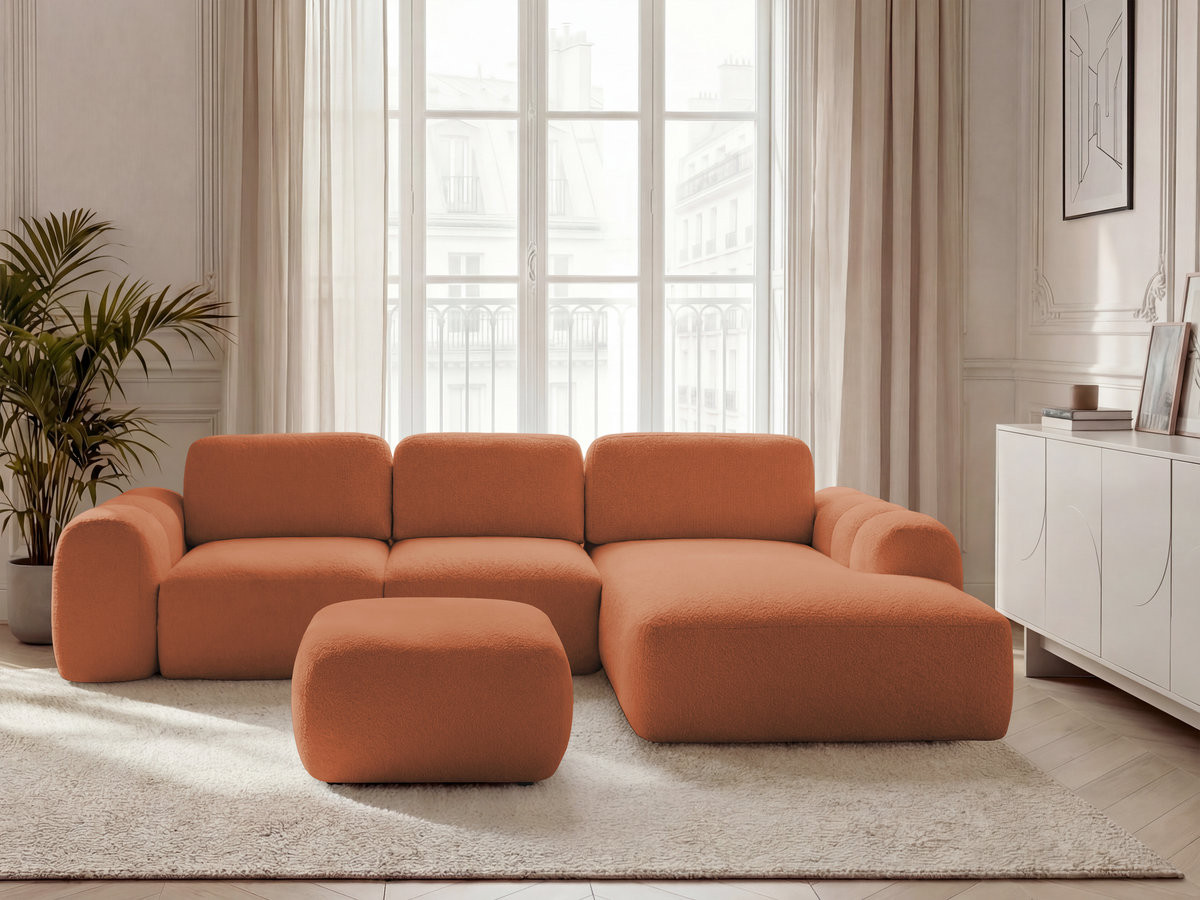 Bobochic Montaigne Ecksofa mit Schlaffunktion und Bettkasten und Pouf 288 × 196 cm Bouclé-Stoff Orange Ecke rechts