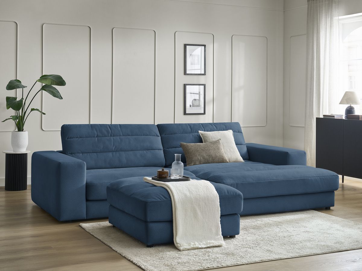Bobochic Sierra Ecksofa mit Pouf Samt Dunkelblau Ecke rechts