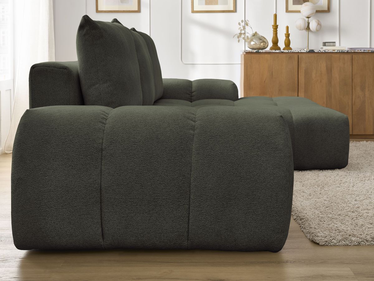 Bobochic Everest Ecksofa mit Schlaffunktion und Bettkasten 318 × 180 cm, 3 Kissen Melange-Stoff Grün Ecke rechts