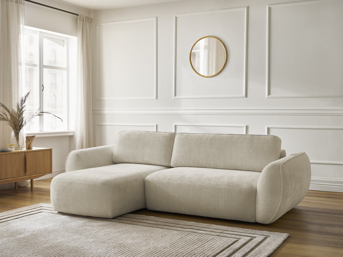 Bobochic Denise Ecksofa mit Schlaffunktion und Bettkasten 258 × 160 cm Strukturstoff Beige Ecke links