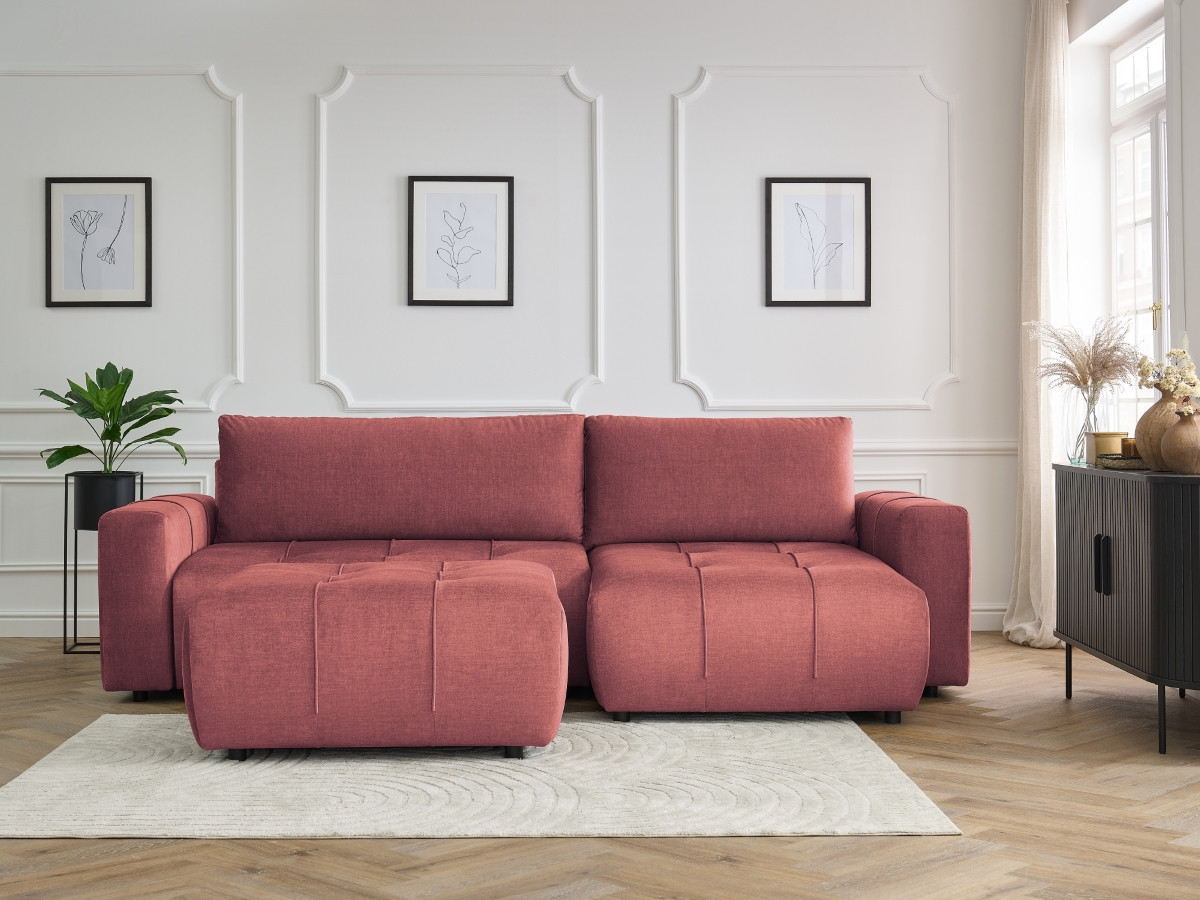 Bobochic Arsene Ecksofa mit Schlaffunktion und Bettkasten und Pouf 288 × 148 cm Samt Orange
