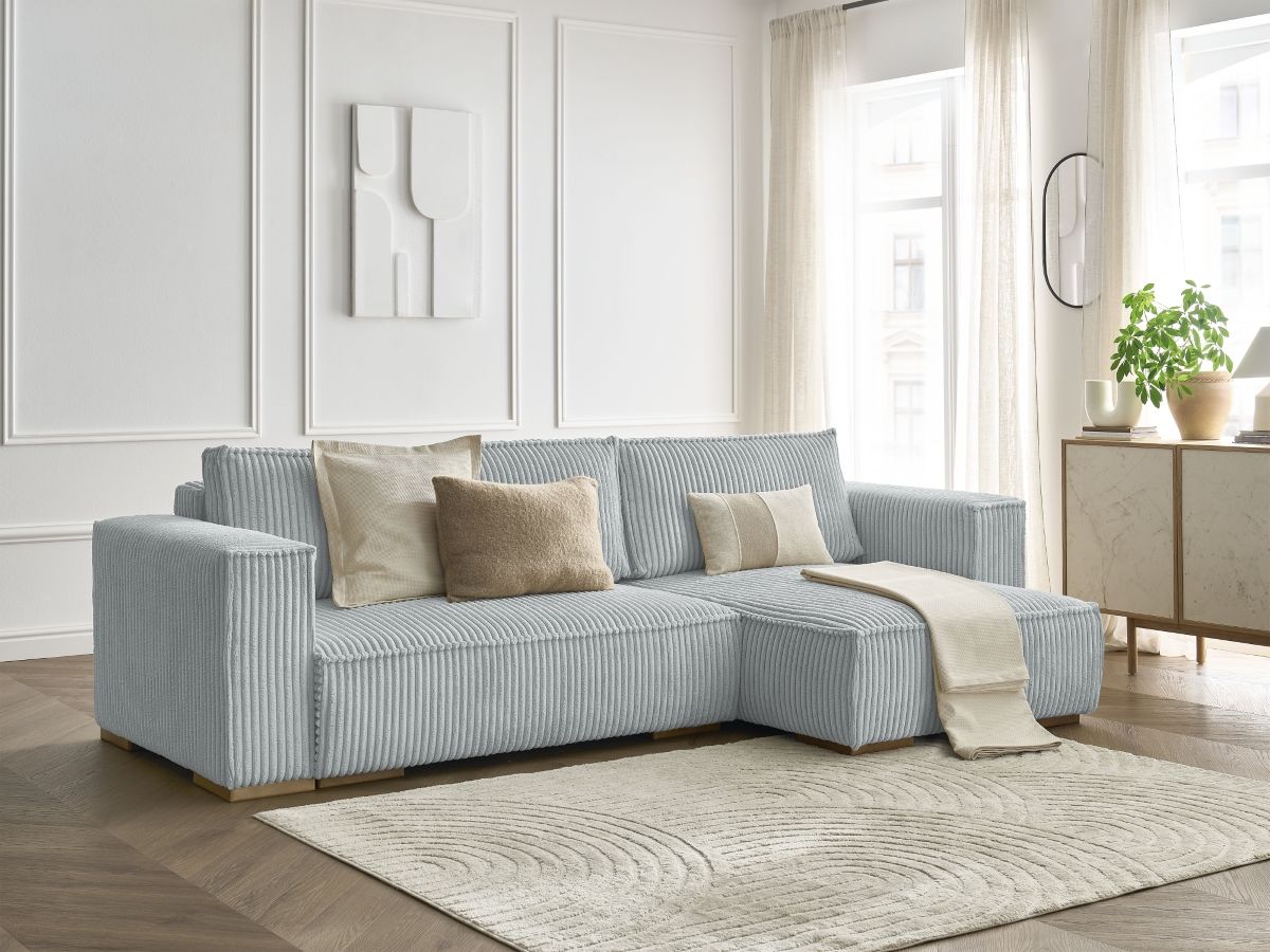 Bobochic Chelsea Ecksofa mit Schlaffunktion und Bettkasten Breitcord weich Hellgrau