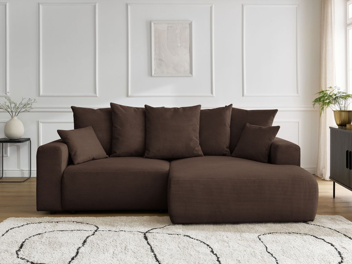 Bobochic Atilla Ecksofa mit Schlaffunktion und Bettkasten Cordsamt Braun Ecke rechts