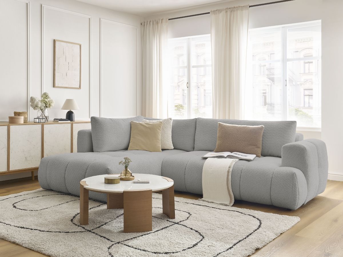 Bobochic Fuji Ecksofa mit Schlaffunktion und Bettkasten 282 × 204 cm Bouclé-Stoff Hellgrau Ecke links