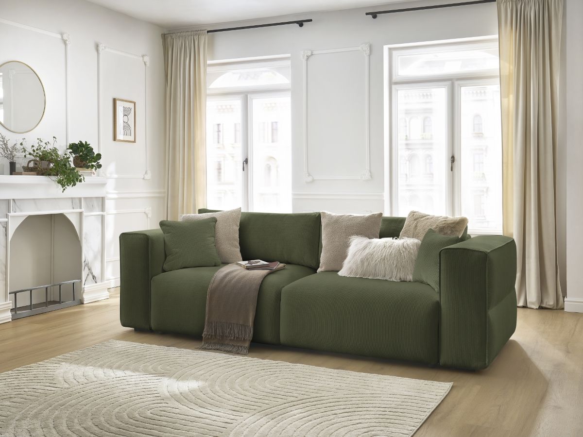 Bobochic Ezechiel Schlafsofa 3-Sitzer mit Bettkasten Melange-Stoff Grün
