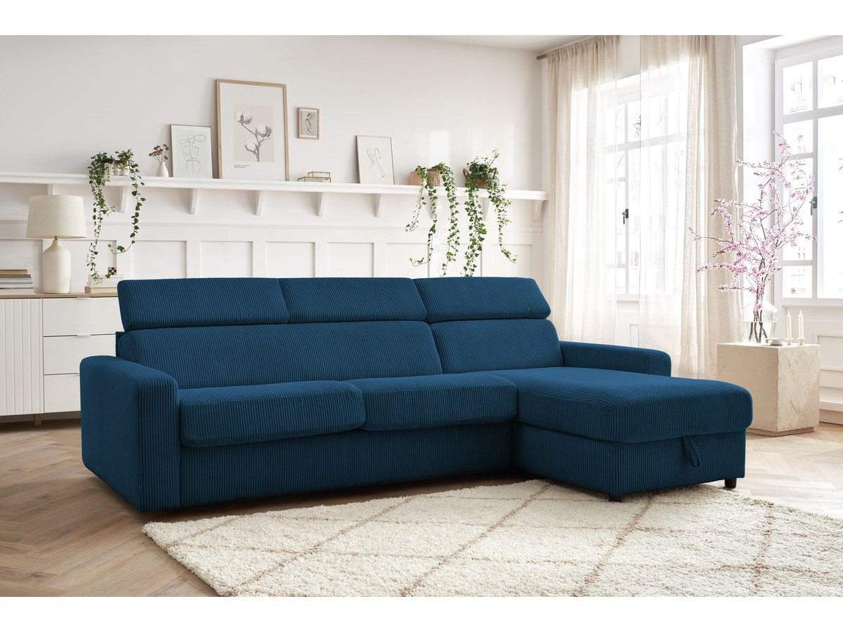 Bobochic Monaco Ecksofa mit Schlaffunktion und Bettkasten Cordsamt Dunkelblau, Liegefläche 160 × 190 cm