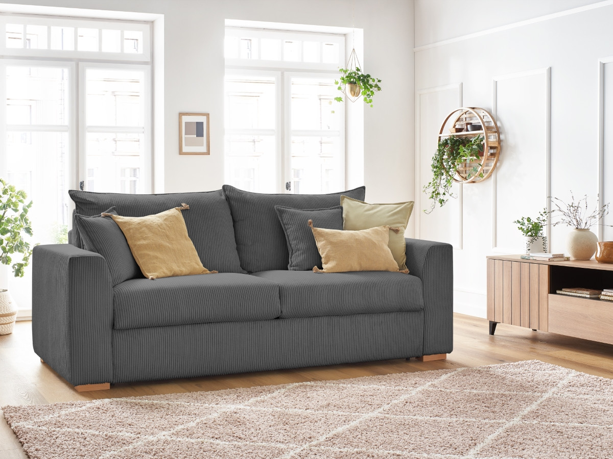 Bobochic Augustin Schlafsofa 3-Sitzer Cordsamt Dunkelgrau, Liegefläche 140 × 200 cm
