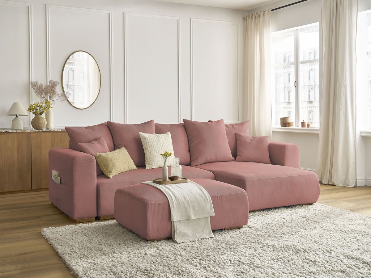 Bobochic Sidonie Ecksofa mit Schlaffunktion und Bettkasten und Pouf Cordsamt Rosa
