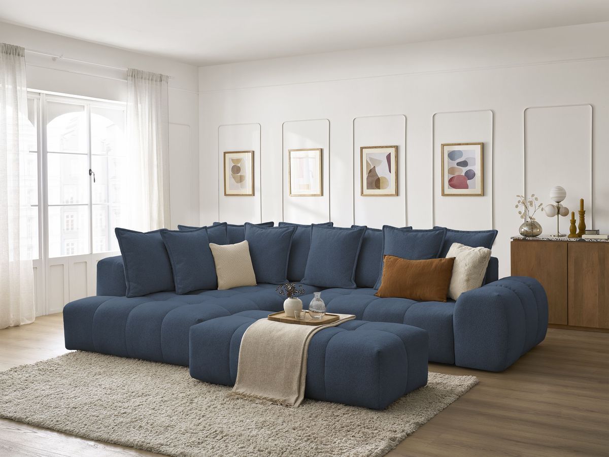 Bobochic Everest Ecksofa mit Schlaffunktion und Bettkasten und Pouf 320 × 212 cm, 10 Kissen Melange-Stoff Dunkelblau Ecke links