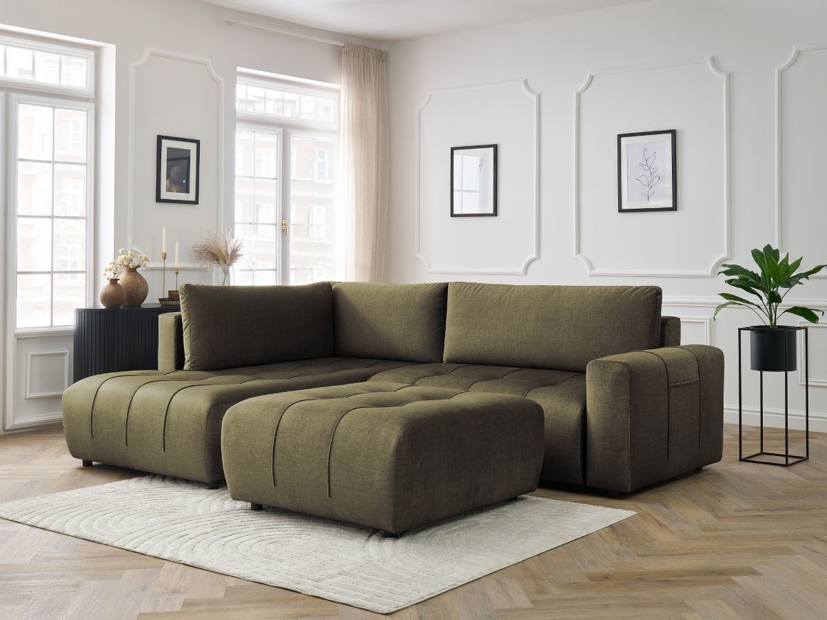Bobochic Arsene Ecksofa mit Schlaffunktion und Bettkasten und Pouf 277 × 200 cm Samt Grün Ecke links