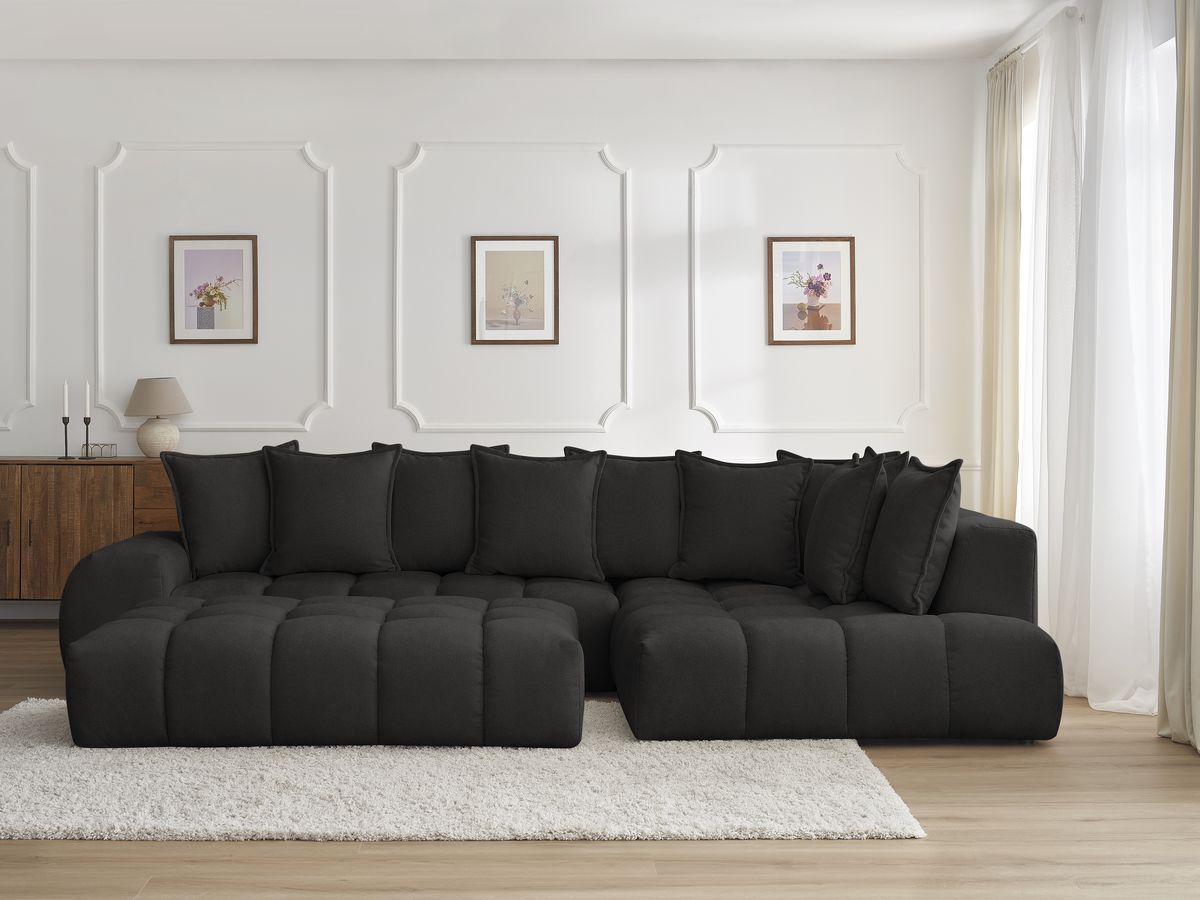 Bobochic Everest Ecksofa mit Schlaffunktion und Pouf, 10 Kissen Strukturstoff Schwarz Ecke rechts