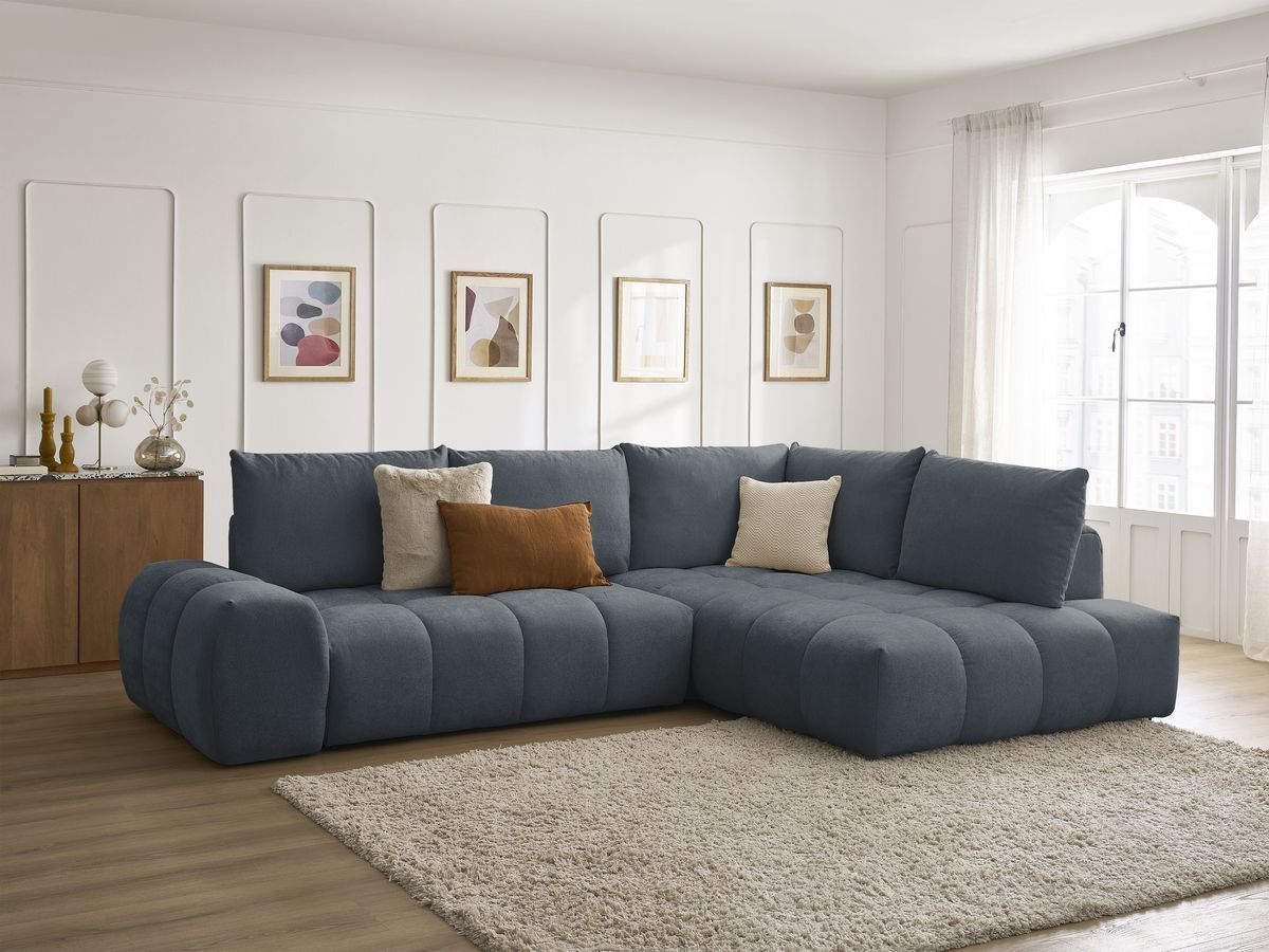 Bobochic Everest Ecksofa mit Schlaffunktion und Bettkasten 320 × 212 cm, 5 Kissen Strukturstoff Dunkelblau Ecke rechts