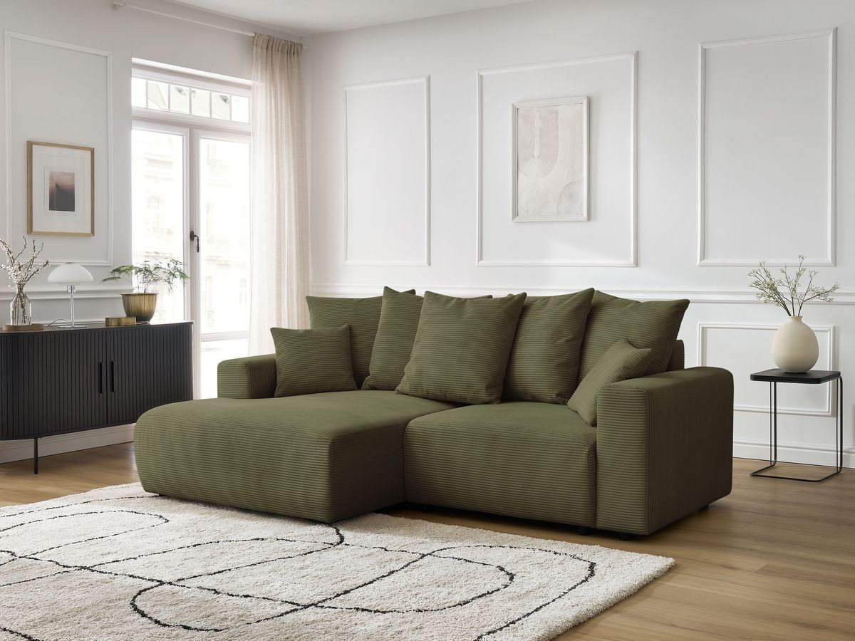 Bobochic Atilla Ecksofa mit Schlaffunktion und Bettkasten Cordsamt Hellgrün Ecke links