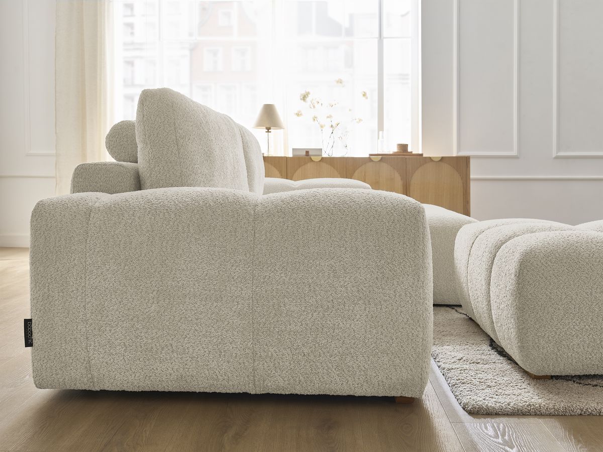 Bobochic Anakin Ecksofa mit Schlaffunktion und Bettkasten und Pouf, 2 Kissen Bouclé-Stoff Beige