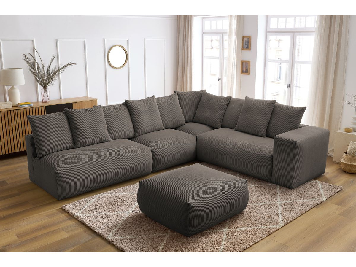 Bobochic Voltaire Ecksofa mit Pouf 322 × 268 cm Cordsamt Taupe Ecke rechts