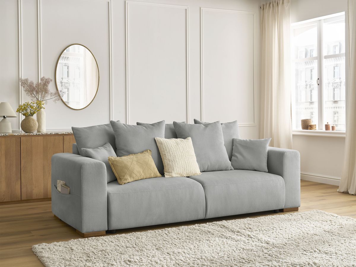 Bobochic Sidonie Schlafsofa 3-Sitzer mit Bettkasten Cordsamt Hellgrau