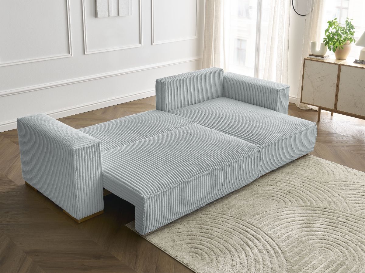 Bobochic Chelsea Ecksofa mit Schlaffunktion und Bettkasten Breitcord weich Hellgrau