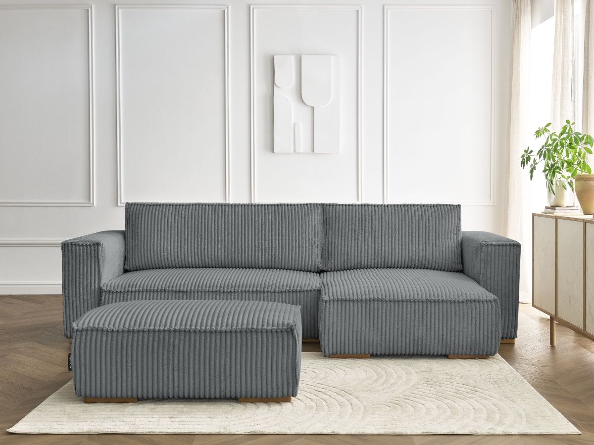Bobochic Chelsea Ecksofa mit Schlaffunktion und Bettkasten und Pouf Breitcord weich Dunkelgrau
