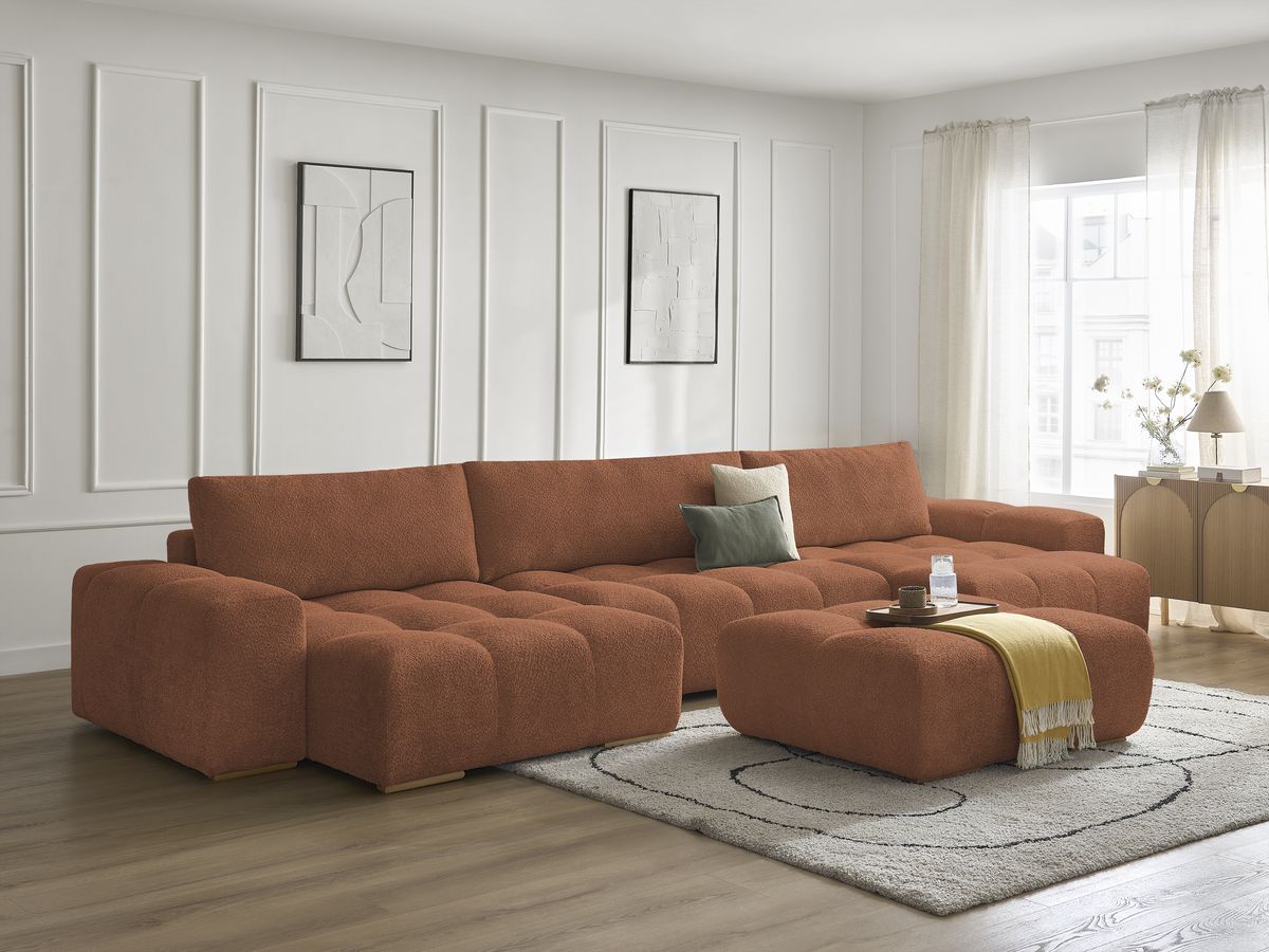 Bobochic Anakin Wohnlandschaft mit Pouf, Liegefläche 137 × 382 cm, 3 Kissen Bouclé-Stoff Orange