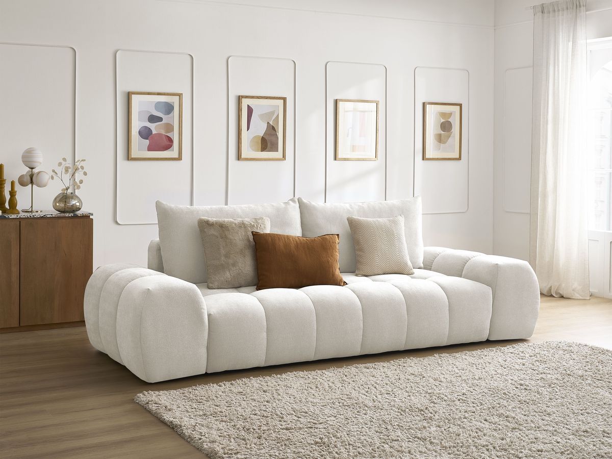 Bobochic Everest Schlafsofa 3-Sitzer mit Bettkasten, 2 Kissen Strukturstoff Weiß