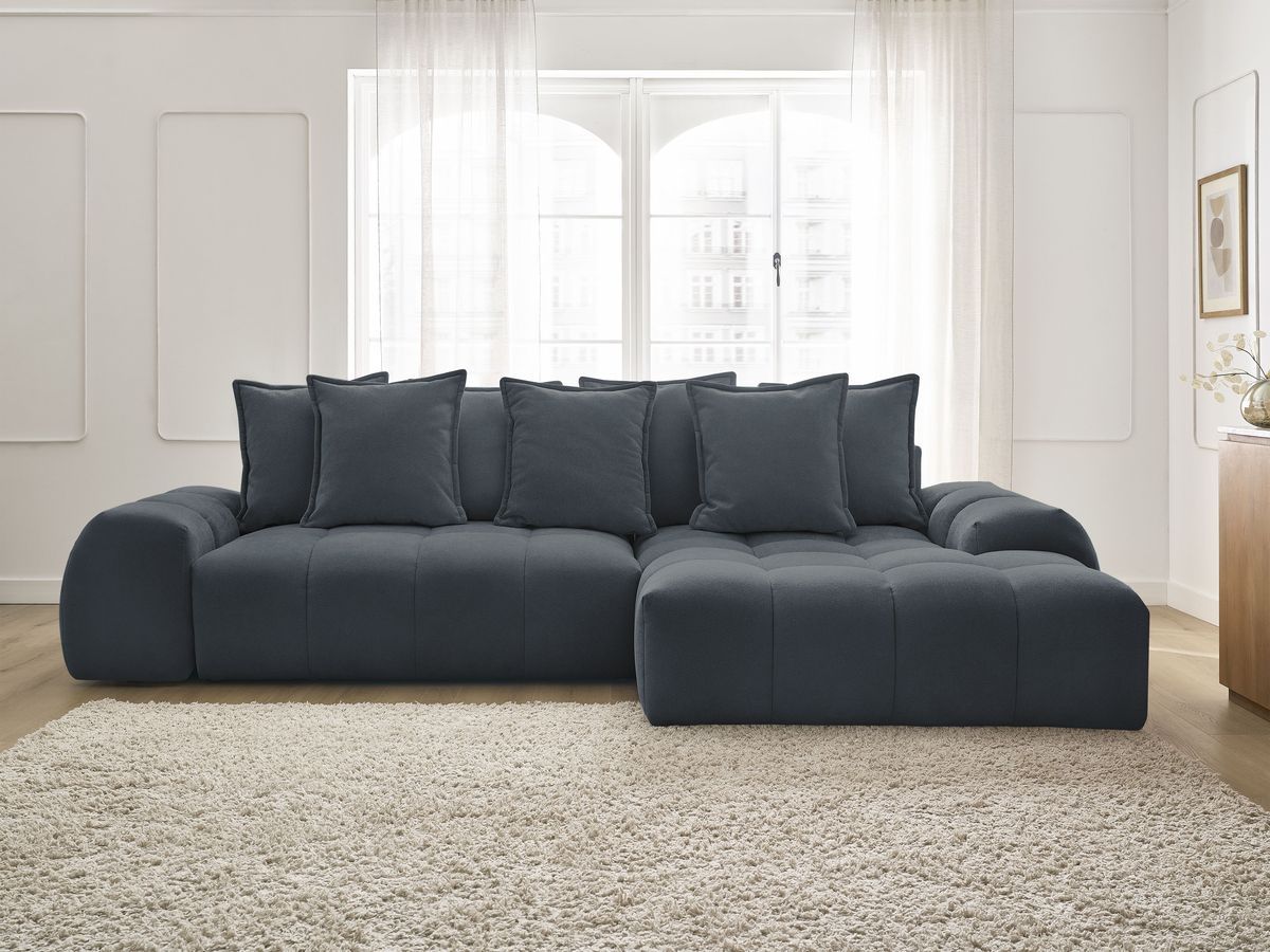 Bobochic Everest Ecksofa mit Schlaffunktion und Bettkasten 318 × 180 cm, 7 Kissen Strukturstoff Dunkelblau Ecke rechts