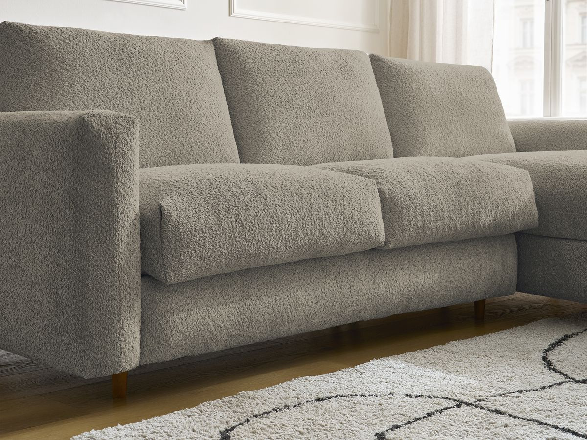 Bobochic Cocoone Ecksofa mit Schlaffunktion und Bettkasten Bouclé-Stoff Taupe, Liegefläche 140 × 200 cm