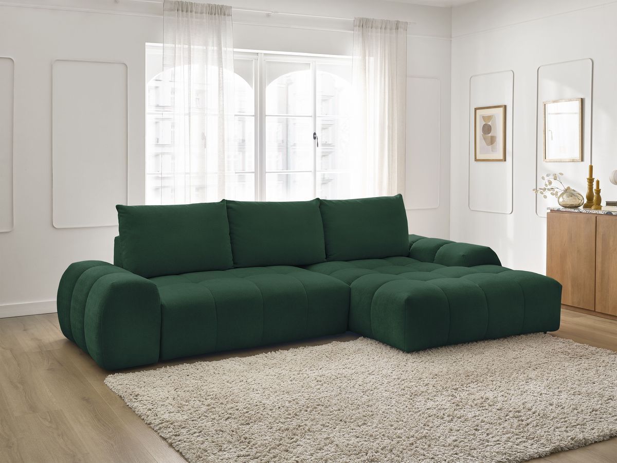Bobochic Everest Ecksofa mit Schlaffunktion und Bettkasten 318 × 180 cm, 3 Kissen Strukturstoff Grün Ecke rechts