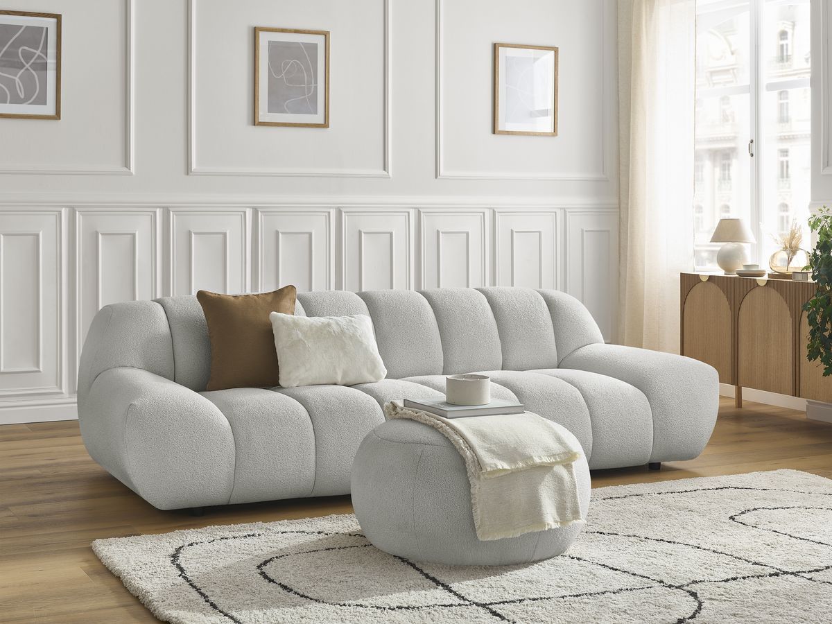 Bobochic Hayden Sofa 4-Sitzer mit Pouf Bouclé-Stoff Hellgrau