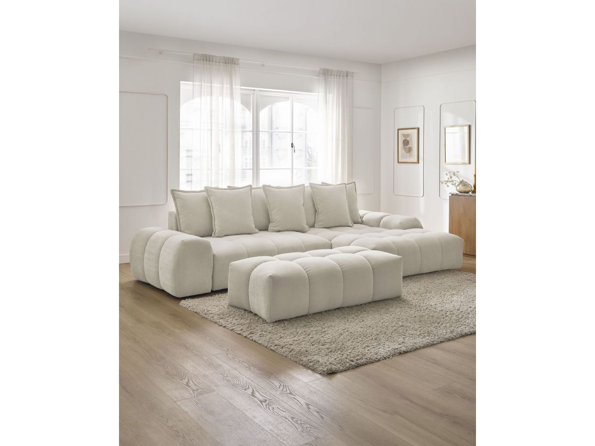 Bobochic Everest Ecksofa mit Schlaffunktion und Bettkasten und Pouf 318 × 180 cm, 7 Kissen Strukturstoff Beige Ecke rechts