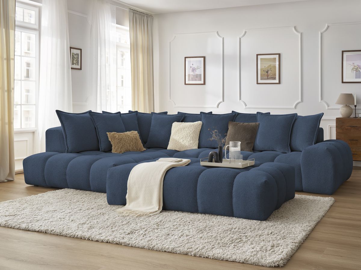 Bobochic Everest Ecksofa mit Schlaffunktion und Pouf, 10 Kissen Melange-Stoff Dunkelblau Ecke links