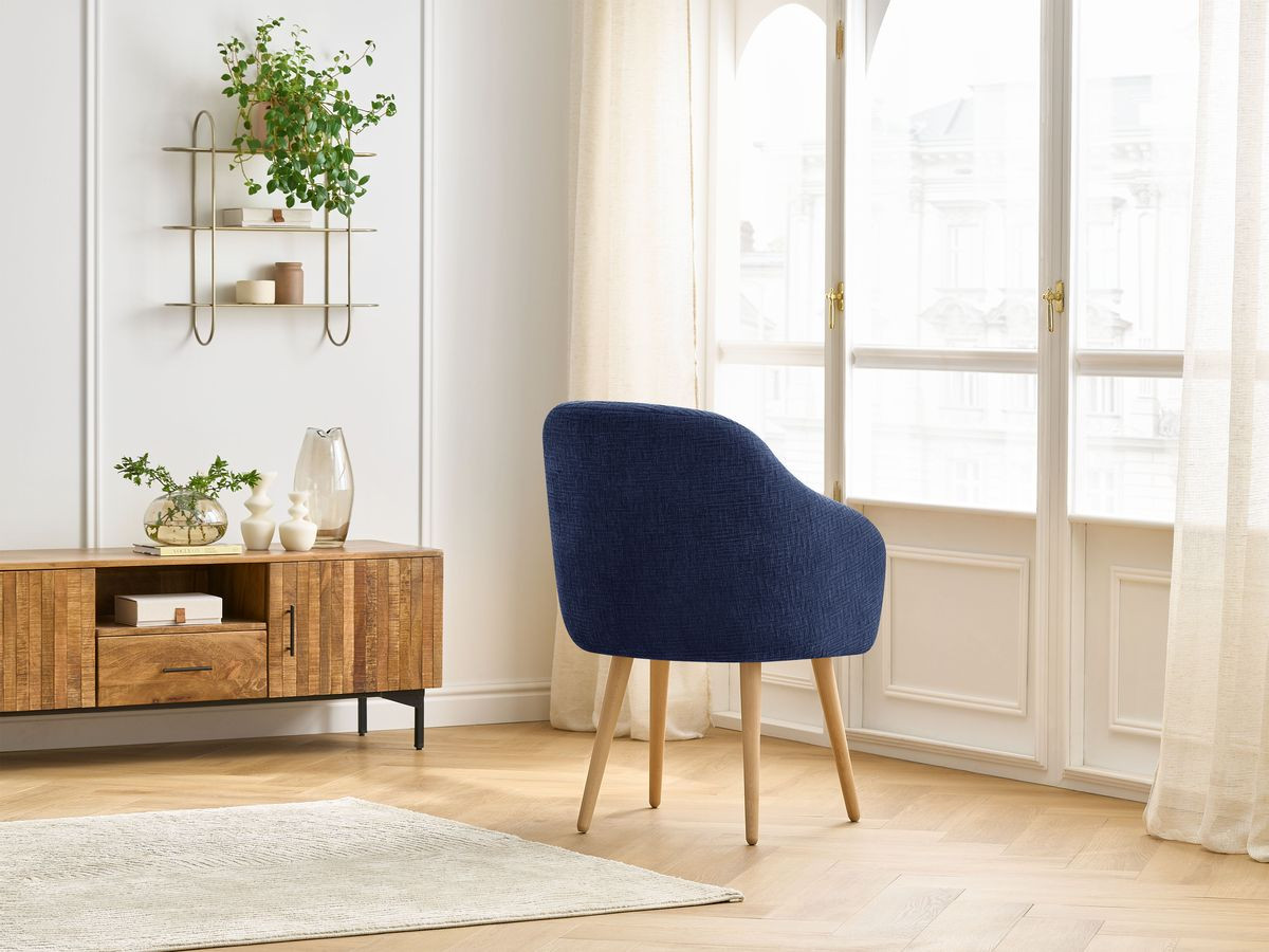 Bobochic Sophie Esszimmerstuhl mit skandinavischen Holzbeinen Strukturstoff Dunkelblau