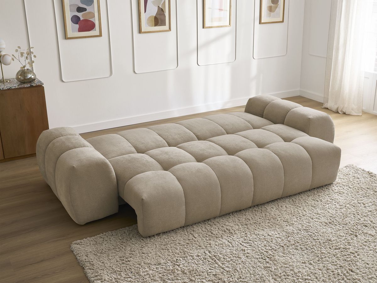 Bobochic Everest Schlafsofa 3-Sitzer mit Bettkasten, 2 Kissen Strukturstoff Taupe