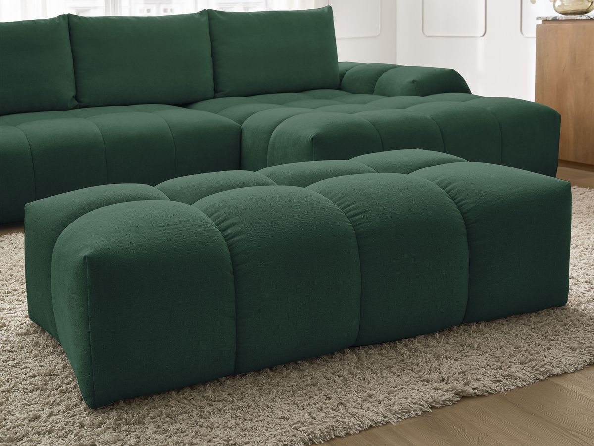 Bobochic Everest Ecksofa mit Schlaffunktion und Bettkasten und Pouf 318 × 180 cm, 3 Kissen Strukturstoff Grün Ecke rechts