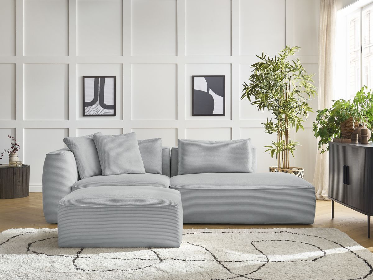Bobochic Leopold Sofa 4-Sitzer mit Pouf Cordsamt Hellgrau Armlehne links