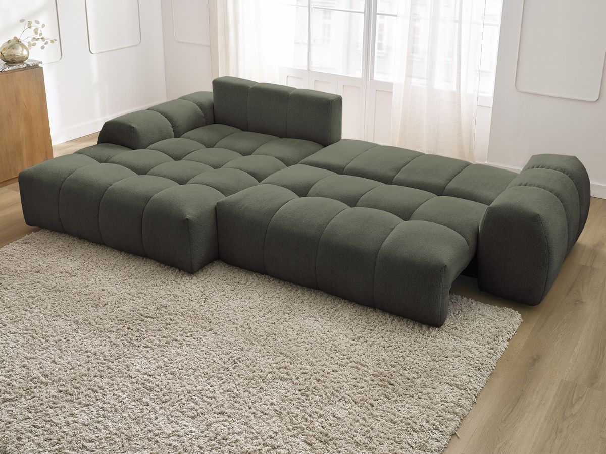 Bobochic Everest Ecksofa mit Schlaffunktion und Bettkasten 318 × 180 cm, 3 Kissen Melange-Stoff Grün Ecke links