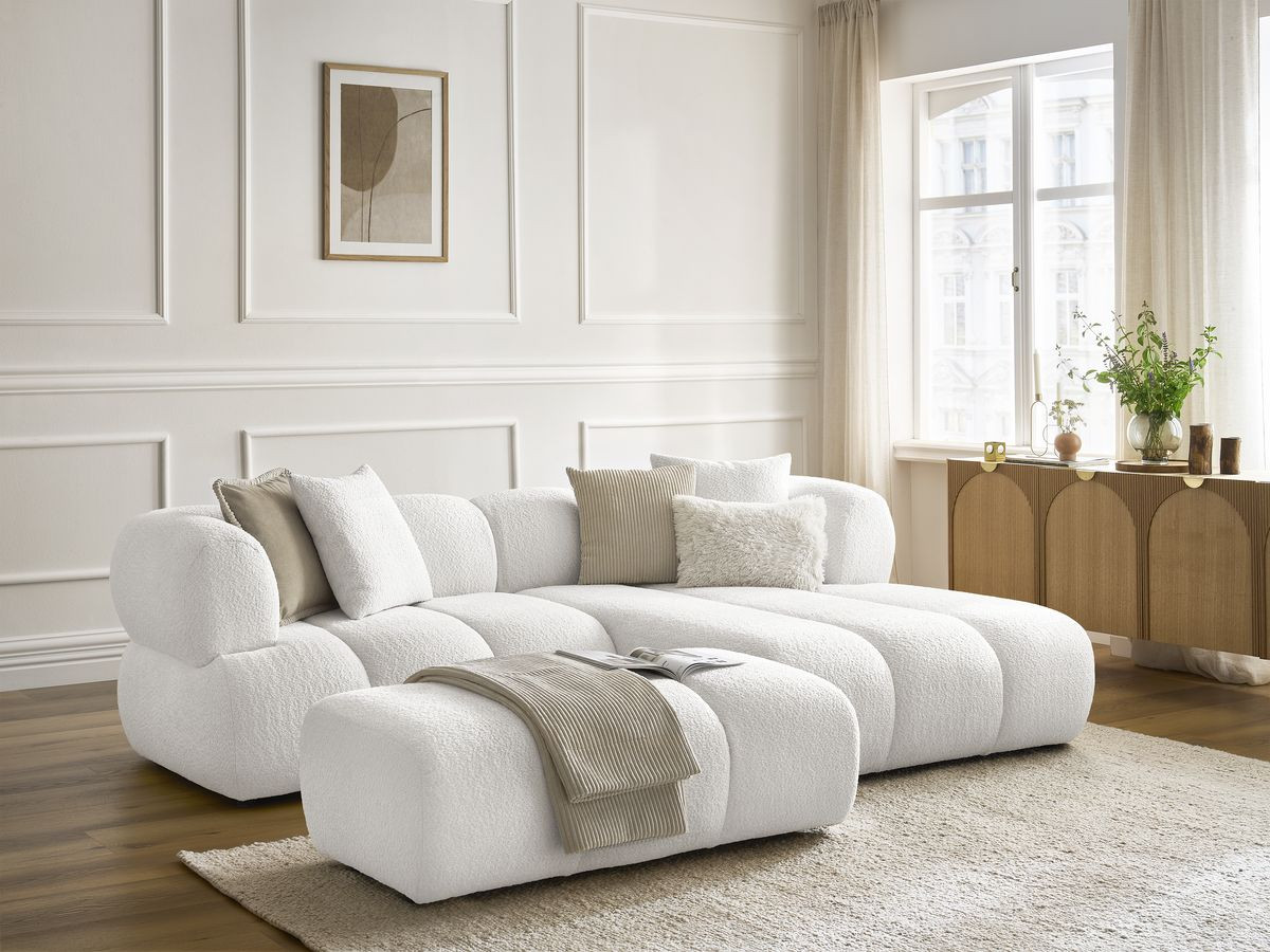 Bobochic Pamira Ecksofa mit Pouf Bouclé-Stoff Weiß Ecke rechts