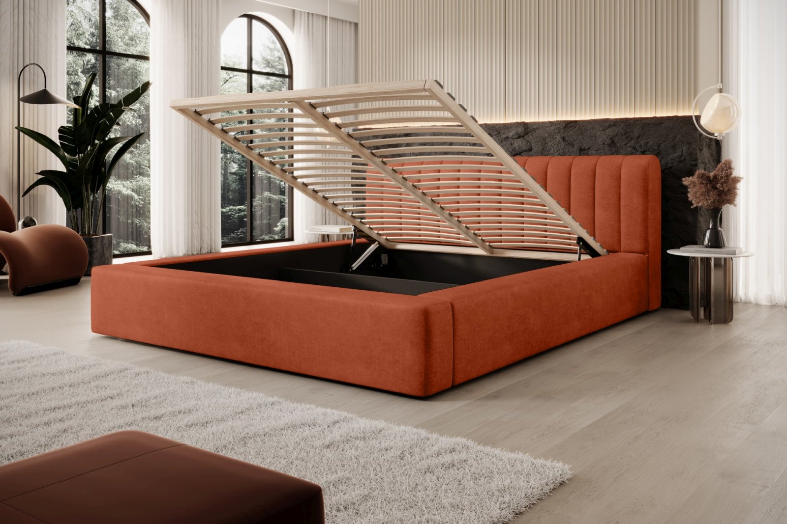 Polsterbett Faroa Samtstoff 180x200 mit Holzrahmen Macau Brick