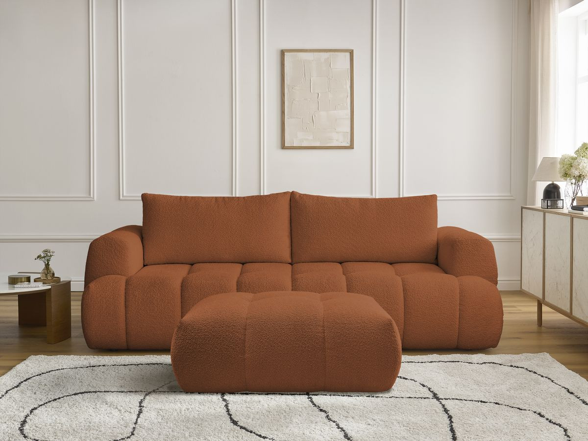 Bobochic Fuji Schlafsofa 3-Sitzer mit Bettkasten und Pouf Bouclé-Stoff Orange