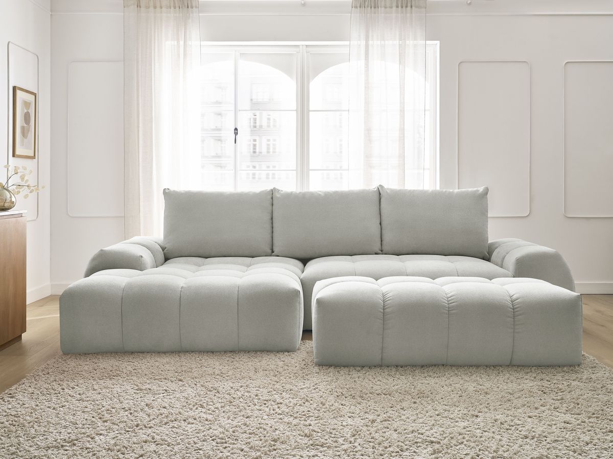 Bobochic Everest Ecksofa mit Schlaffunktion und Bettkasten und Pouf 318 × 180 cm, 3 Kissen Strukturstoff Hellgrau Ecke links
