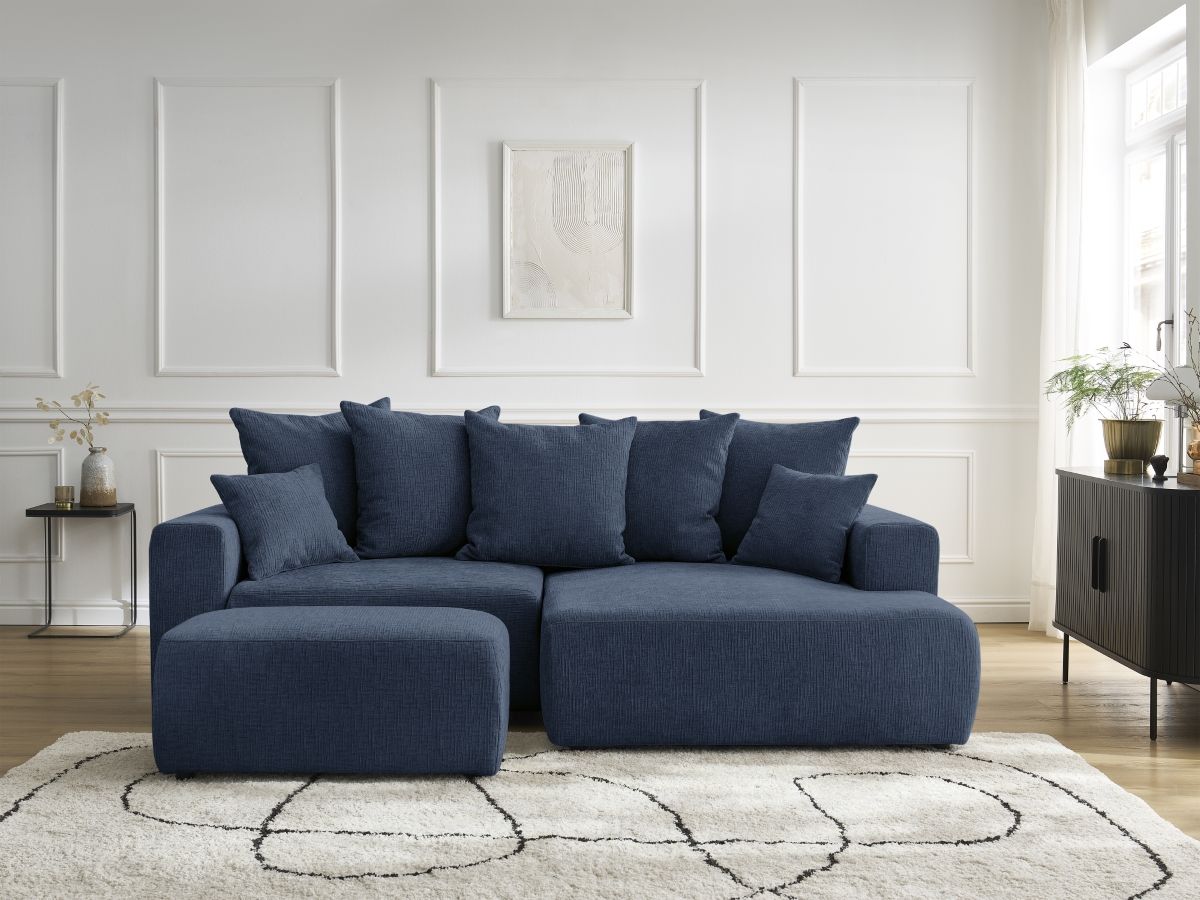 Bobochic Atilla Ecksofa mit Schlaffunktion und Bettkasten und Pouf Strukturstoff Dunkelblau Ecke rechts