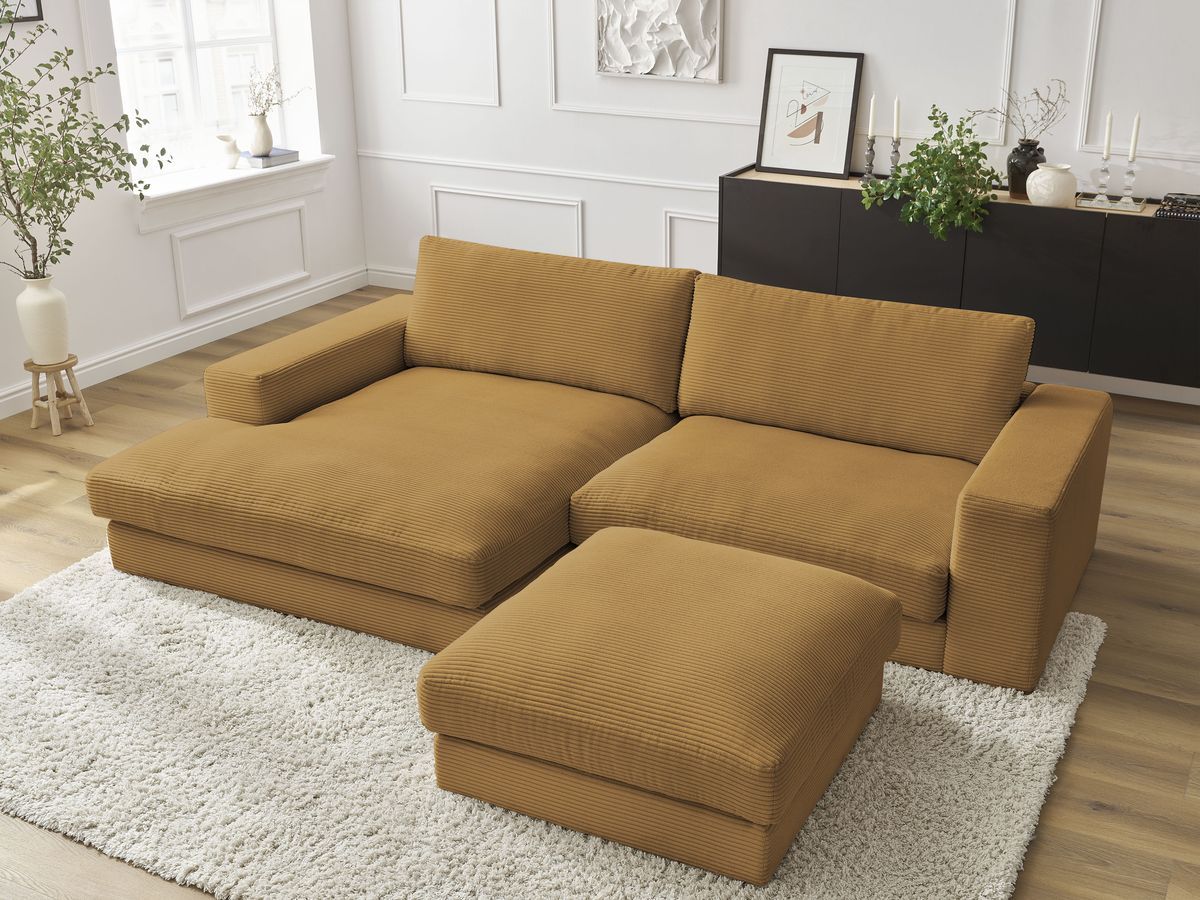 Bobochic Leonard Ecksofa mit Pouf 274 × 159 cm Cordsamt Gelb Ecke links