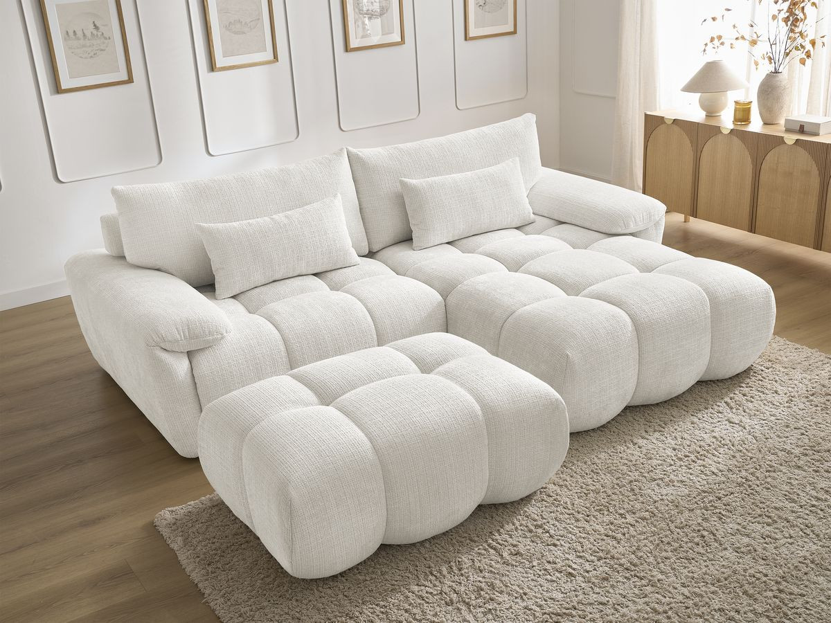 Bobochic Ivane Ecksofa mit Pouf Strukturstoff Weiß Ecke rechts