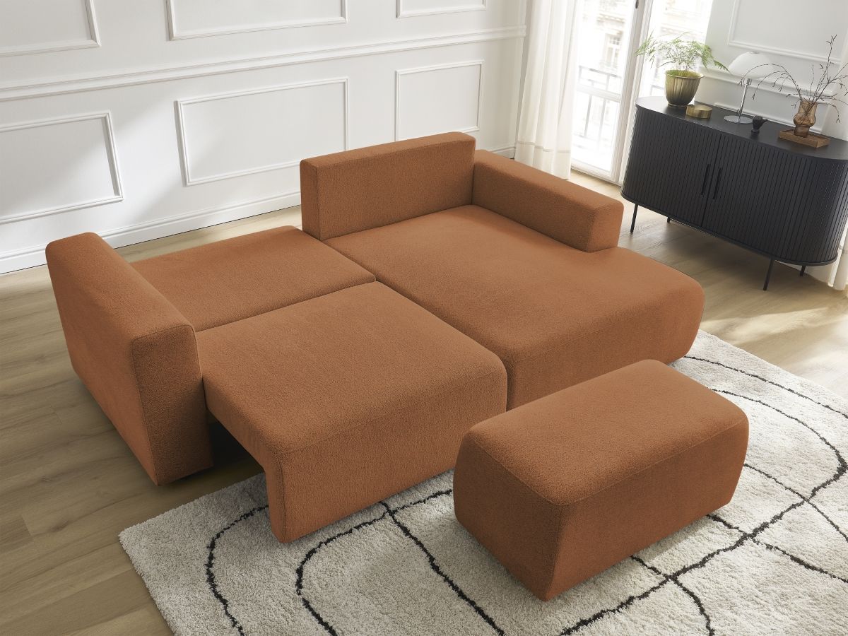 Bobochic Atilla Ecksofa mit Schlaffunktion und Bettkasten und Pouf Melange-Stoff Orange Ecke rechts
