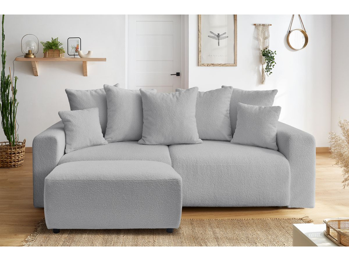 Bobochic Envy Schlafsofa 3-Sitzer mit Bettkasten und rechteckigem Pouf Bouclé-Stoff Hellgrau