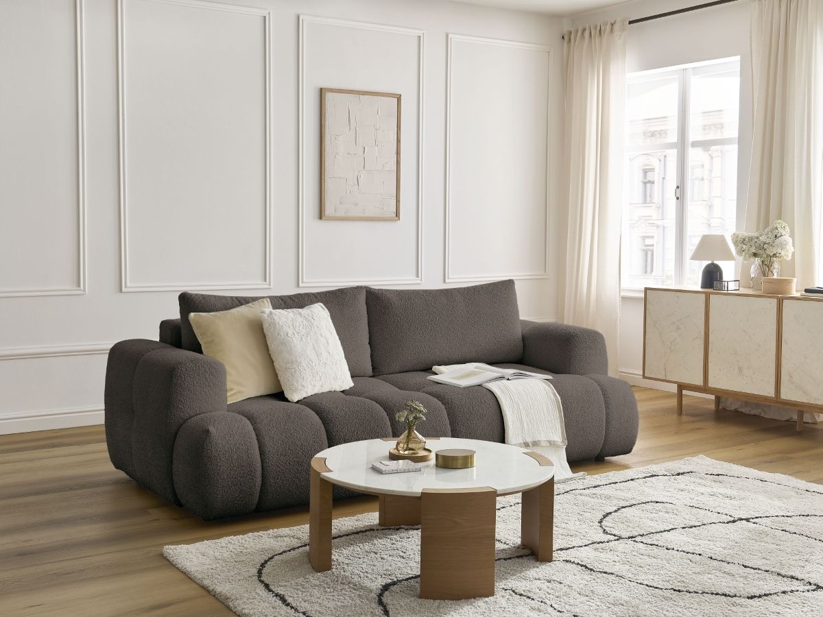 Bobochic Fuji Schlafsofa 3-Sitzer mit Bettkasten Bouclé-Stoff Braun