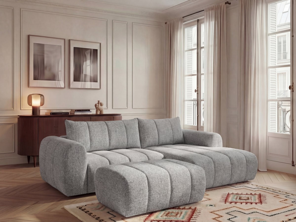 Bobochic Nesty Ecksofa 272 cm mit Pouf Melange-Stoff Hellgrau Ecke rechts