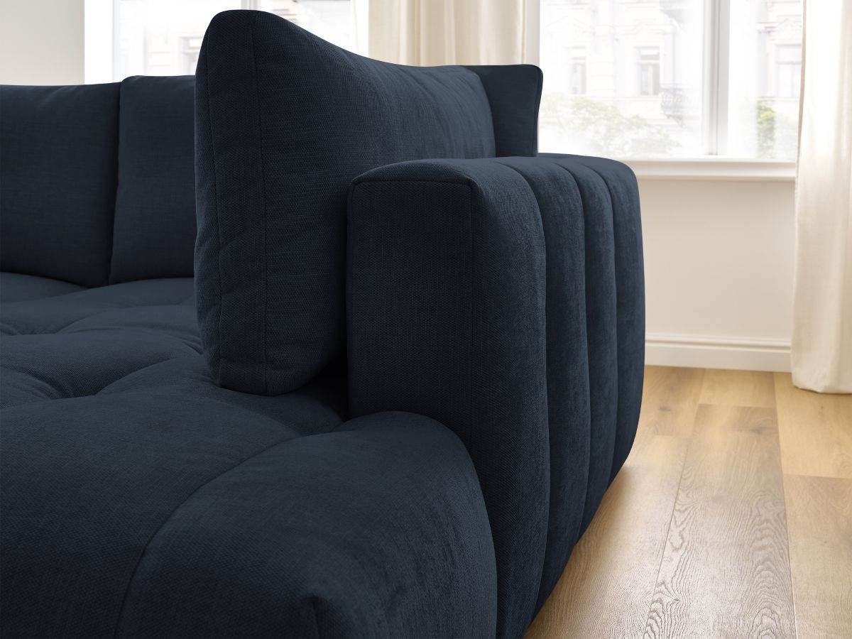 Bobochic Fuji Ecksofa mit Schlaffunktion und Bettkasten und Pouf 282 × 204 cm Stoff Dunkelblau Ecke rechts